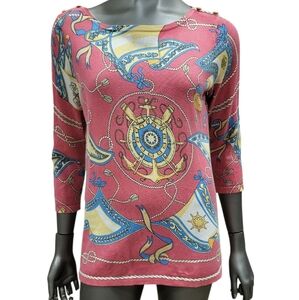 146B. J. McLaughlin Pink and Blue Patterned Scoop Neck Top - Size Small